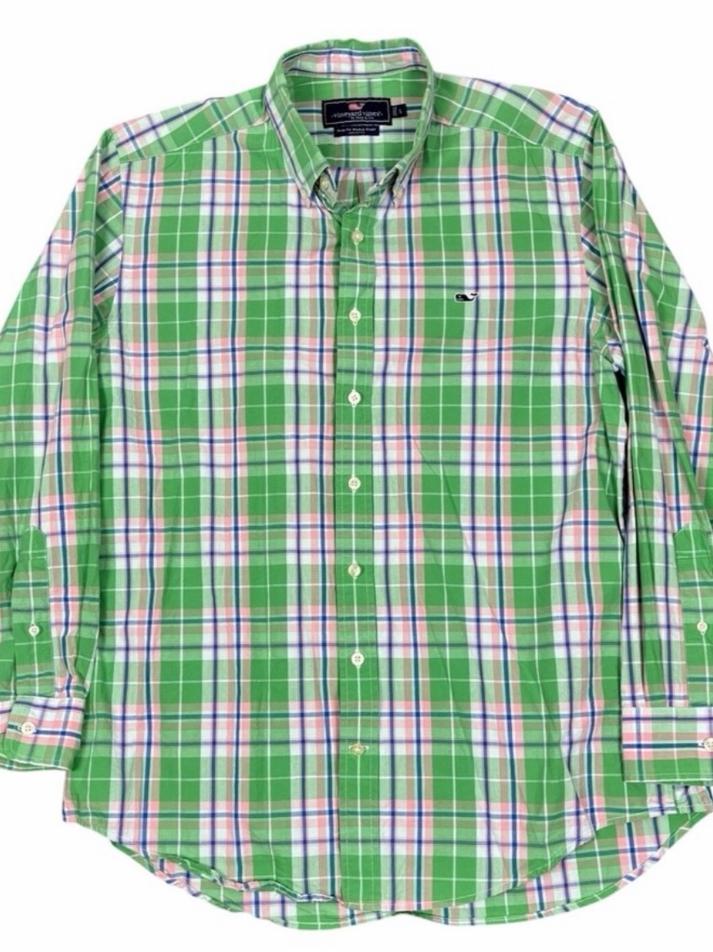 Vineyard Vines Green Plaid Button-Down Shirt with Pink and Blue Accents